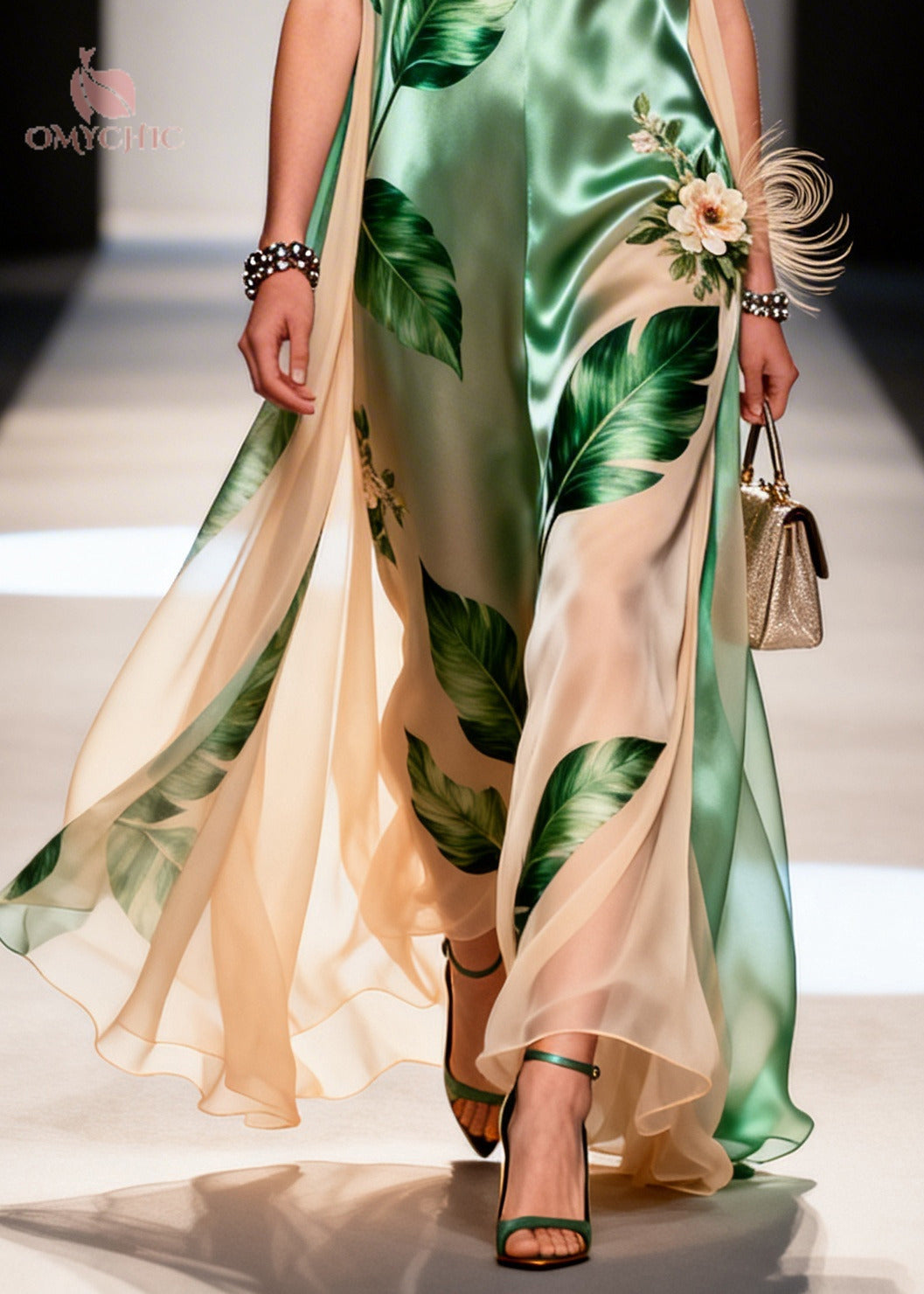 Tropical Print V-Neck Sleeveless Floral Applique Chiffon Cape Maxi Gown