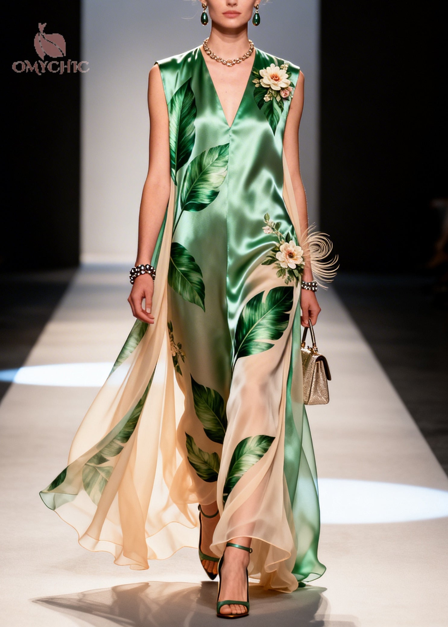Tropical Print V-Neck Sleeveless Floral Applique Chiffon Cape Maxi Gown