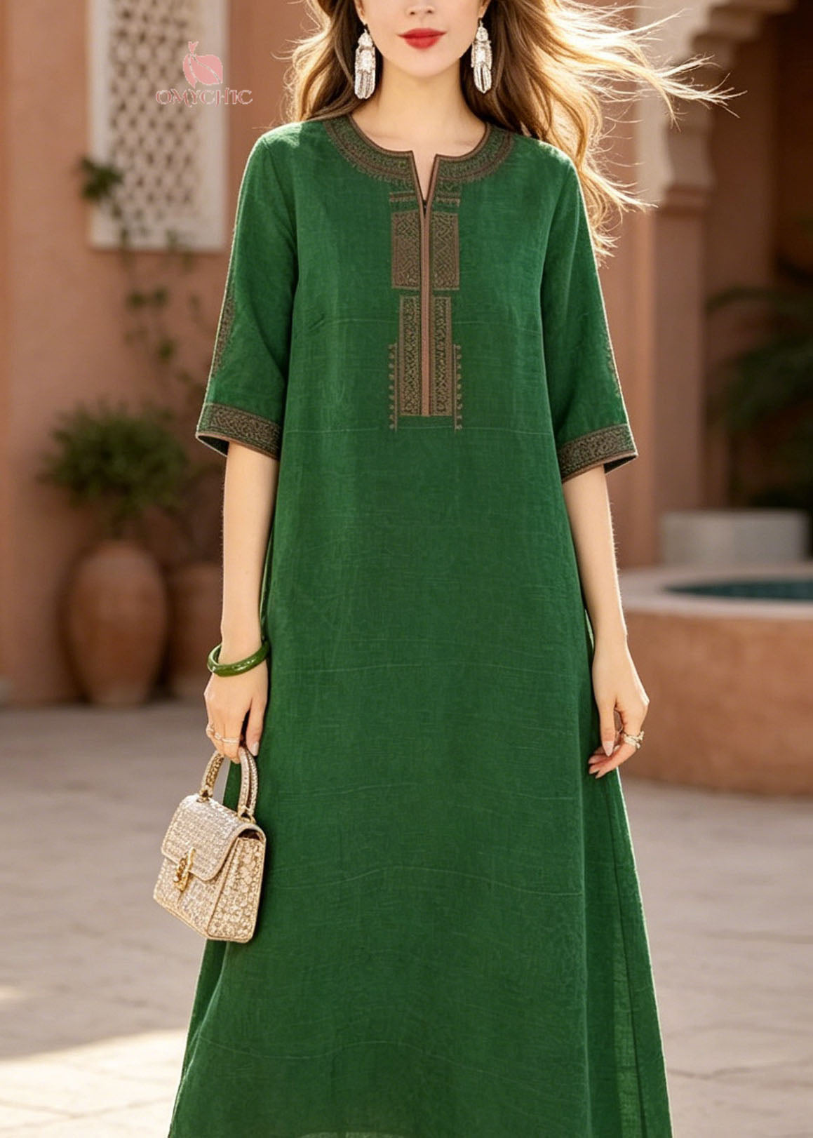 Woven Embroidered Round Neck Half Sleeve Shift Midi Dress