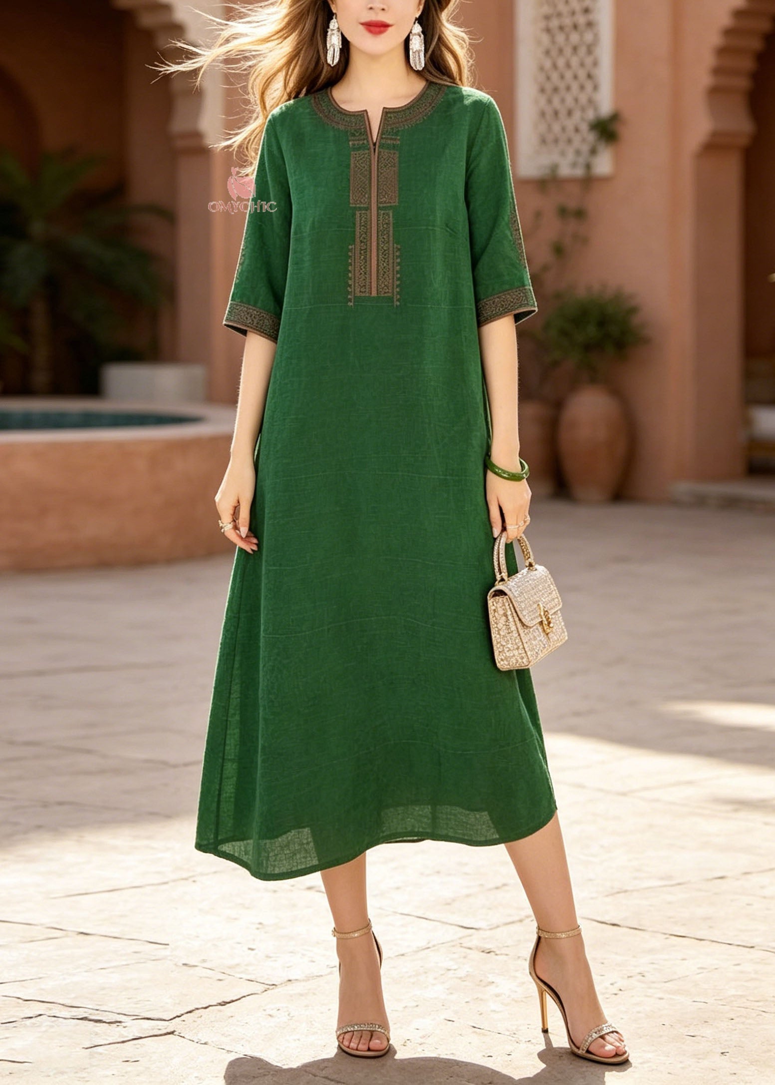 Woven Embroidered Round Neck Half Sleeve Shift Midi Dress