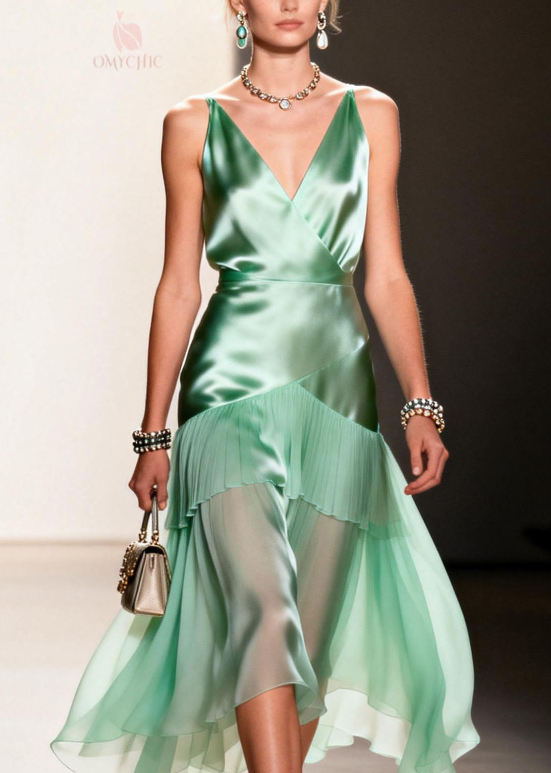 Elegant Green Ruffled Patchwork Chiffon Spaghetti Strap Dress Summer - View 2