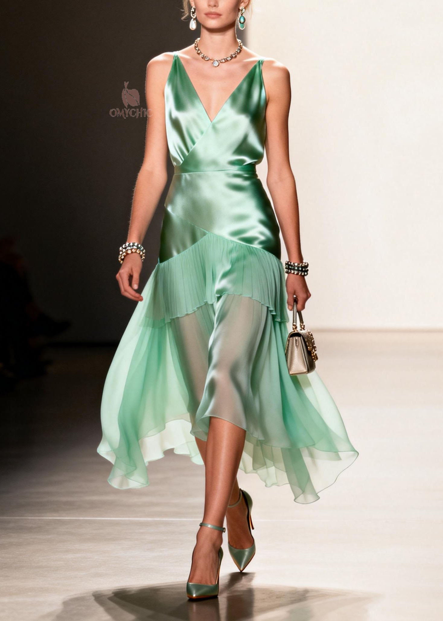 Elegant Green Ruffled Patchwork Chiffon Spaghetti Strap Dress Summer - View 3