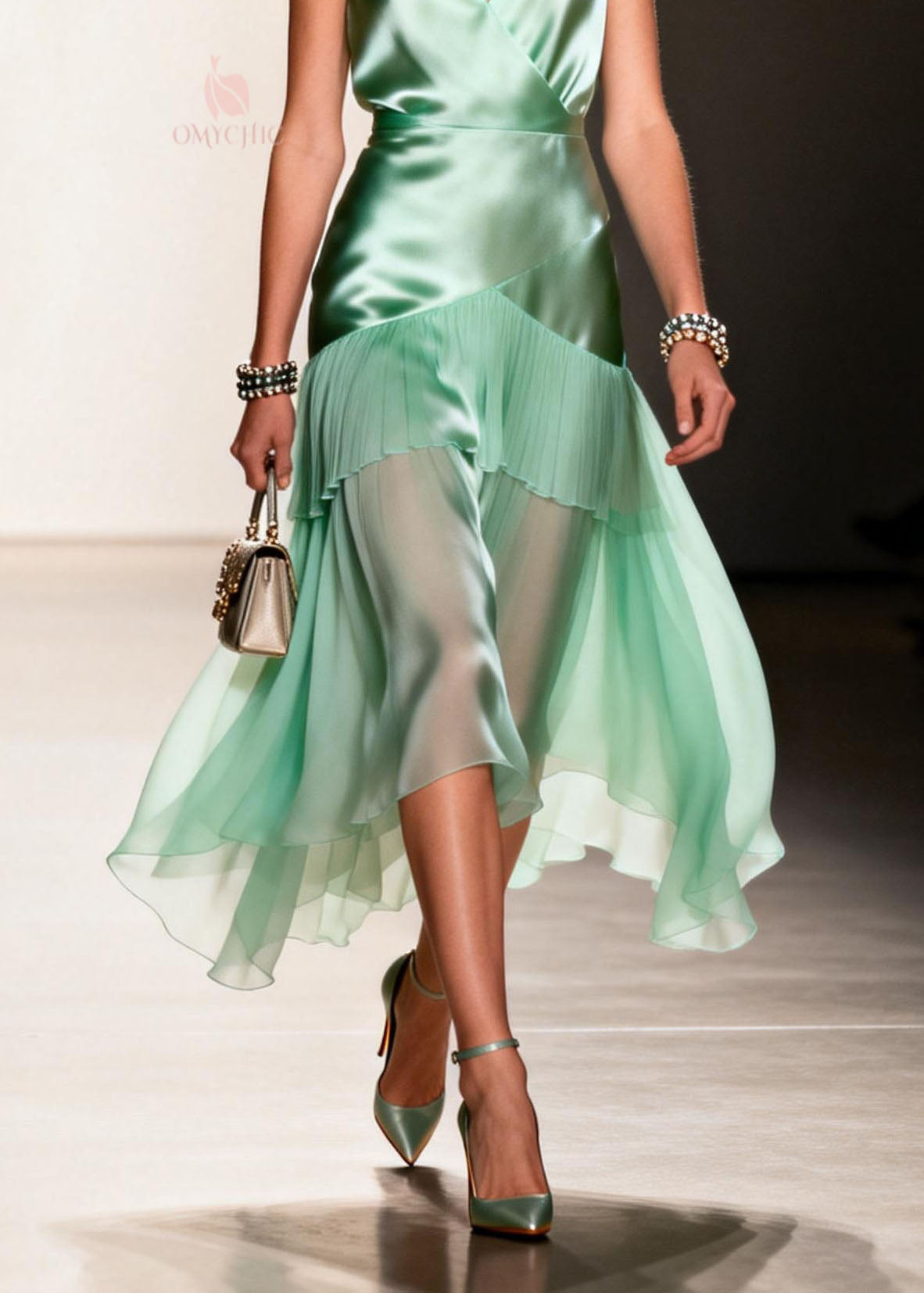 Elegant Green Ruffled Patchwork Chiffon Spaghetti Strap Dress Summer - View 4