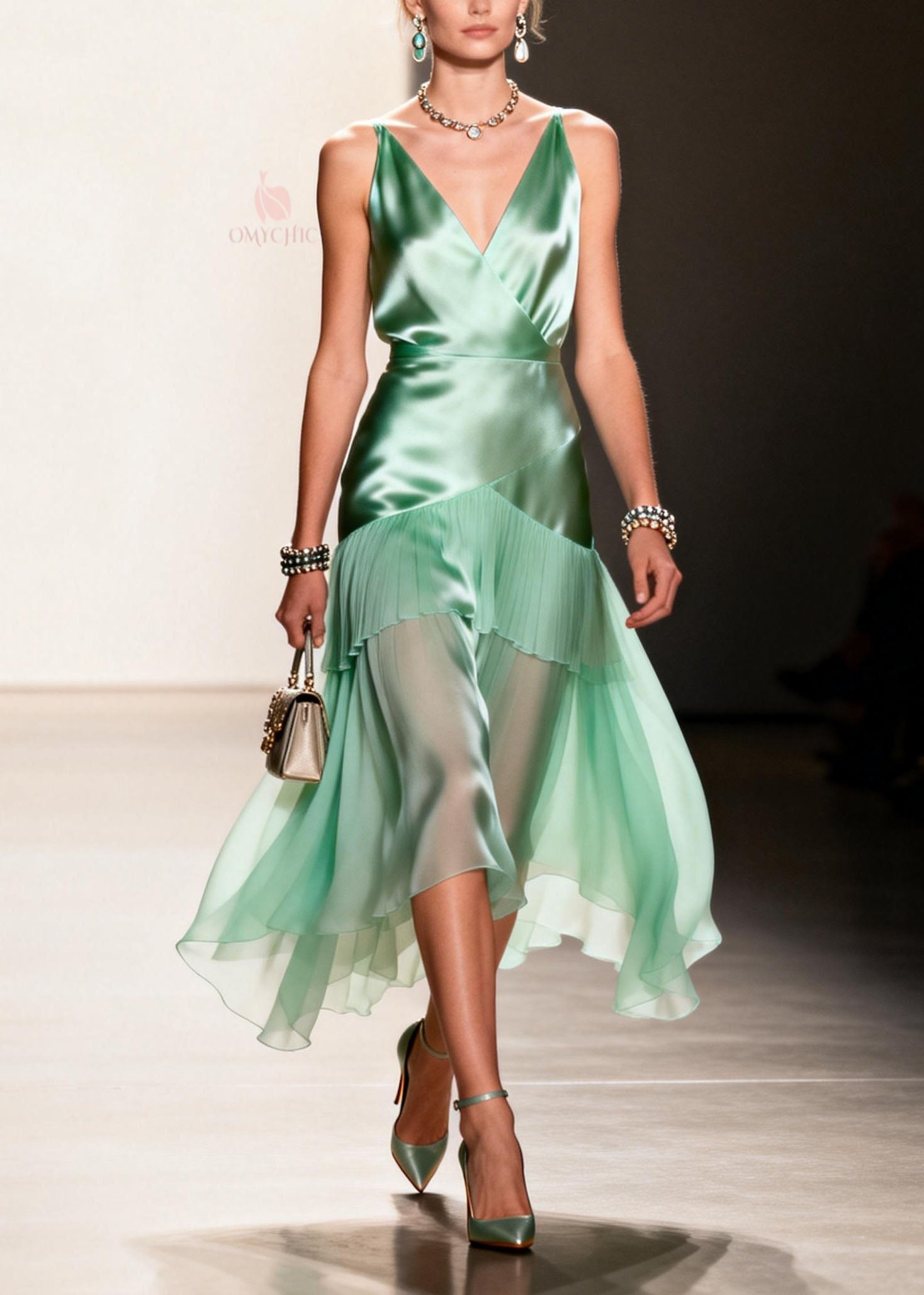 Elegant Green Ruffled Patchwork Chiffon Spaghetti Strap Dress Summer - View 5