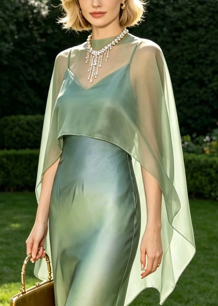 Sheer High Neck Capelet Satin Spaghetti Strap Slip Maxi Two-Piece Set
