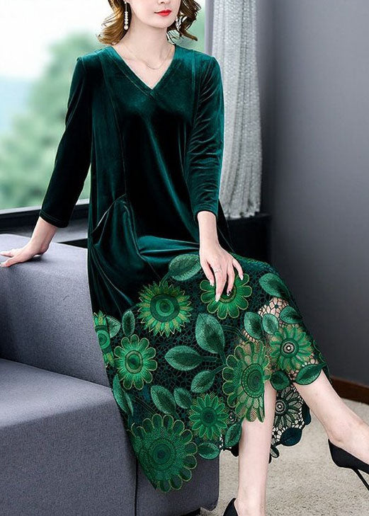 Velvet V-Neck Lace Panel Hem Long Sleeve Midi Dress