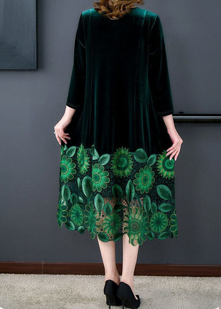 Velvet V-Neck Lace Panel Hem Long Sleeve Midi Dress