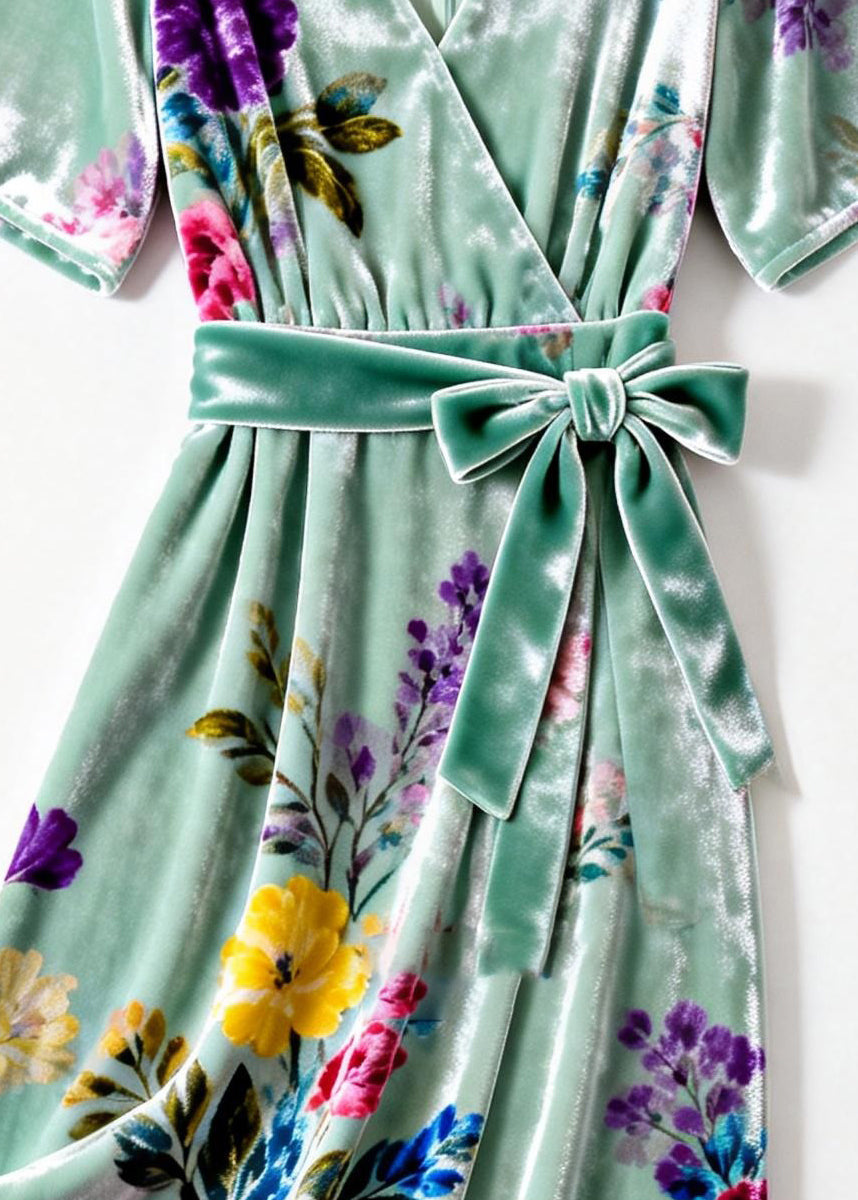 Velvet Wrap V-Neck Short Sleeve Floral Print Tie Waist Midi Dress