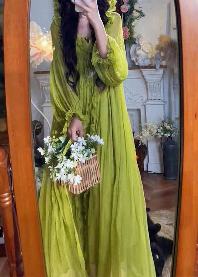 Elegant Green V Neck Ruffled Hooded Chiffon Maxi Dress Spring - View 3