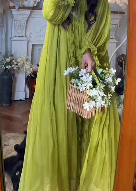 Elegant Green V Neck Ruffled Hooded Chiffon Maxi Dress Spring - View 4