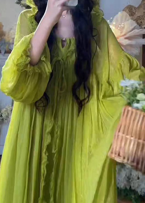 Elegant Green V Neck Ruffled Hooded Chiffon Maxi Dress Spring - View 5