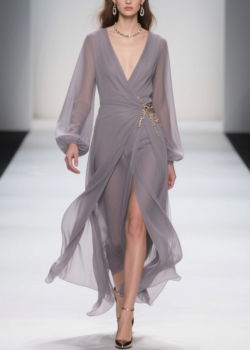 Chiffon Wrap Deep V-Neck Bishop Sleeve Brooch Waist High Split Maxi Gown
