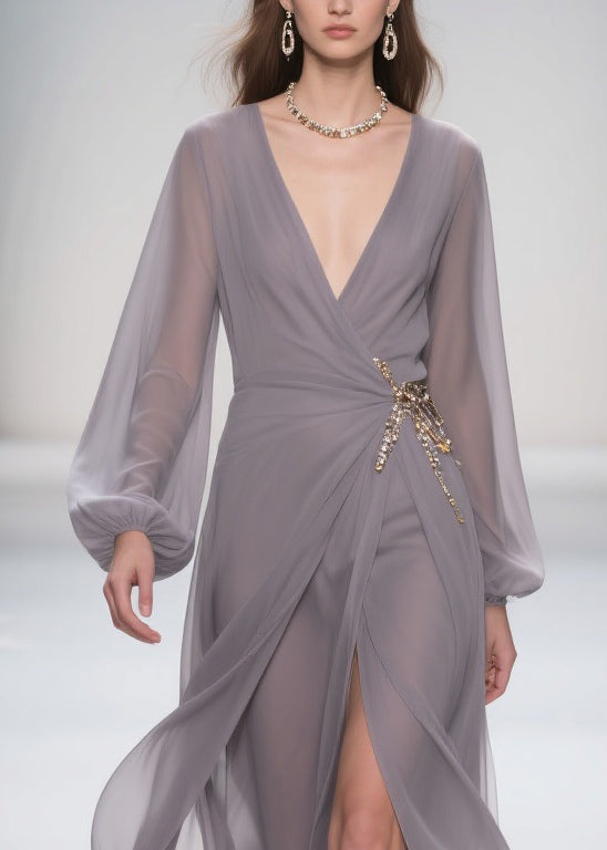 Chiffon Wrap Deep V-Neck Bishop Sleeve Brooch Waist High Split Maxi Gown