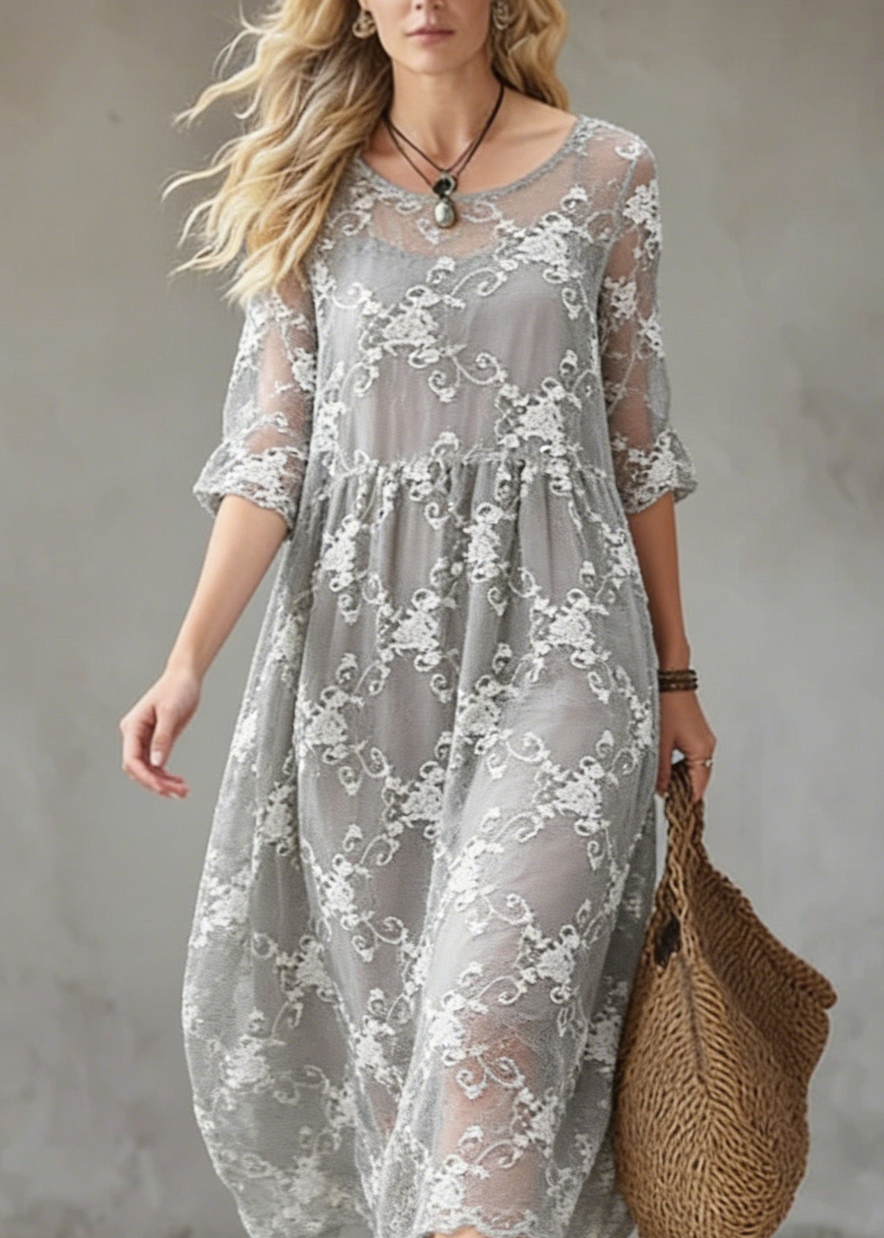 Embroidered Lace Overlay Three Quarter Sleeve Empire Waist Floral Midi Dress