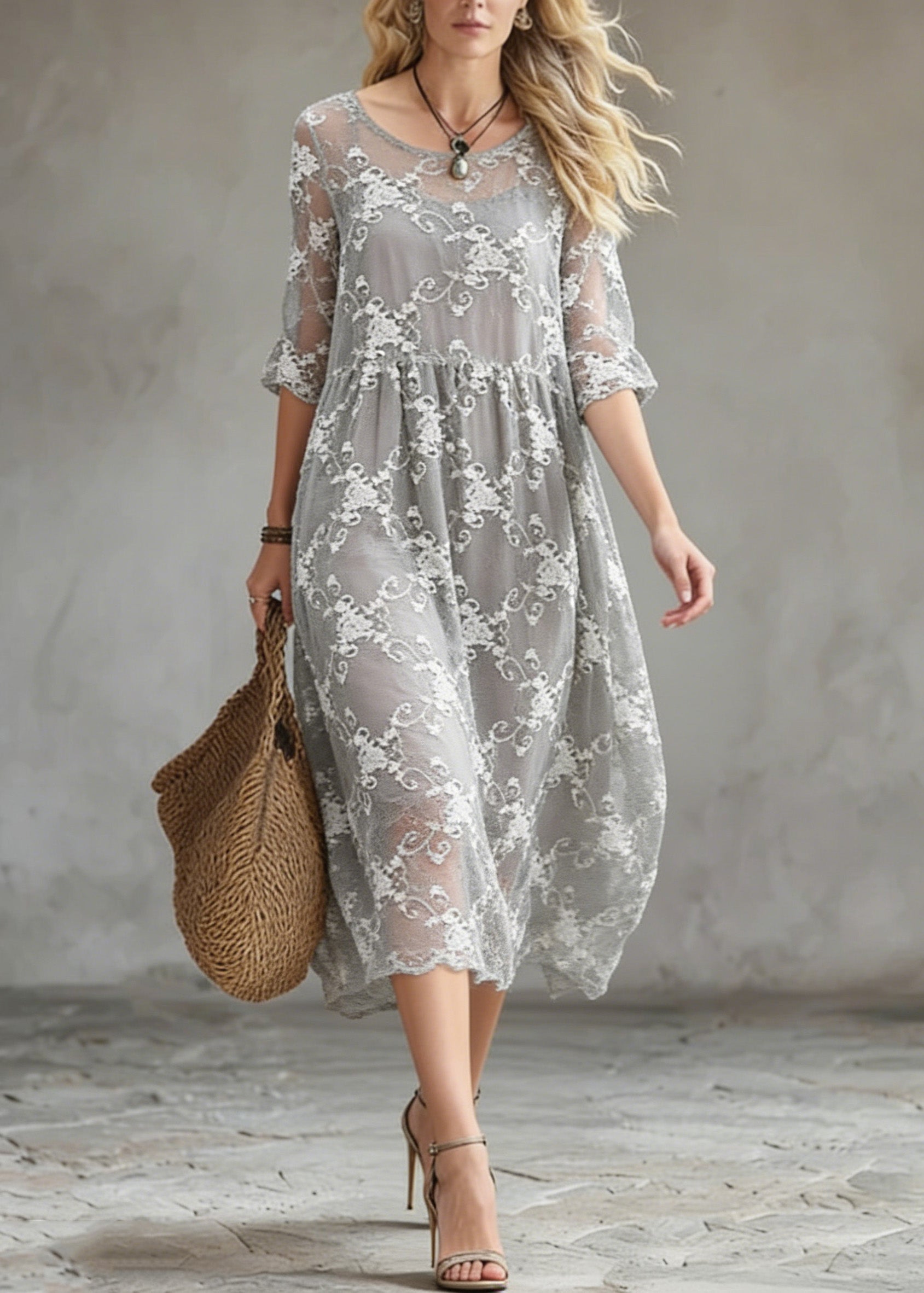 Embroidered Lace Overlay Three Quarter Sleeve Empire Waist Floral Midi Dress