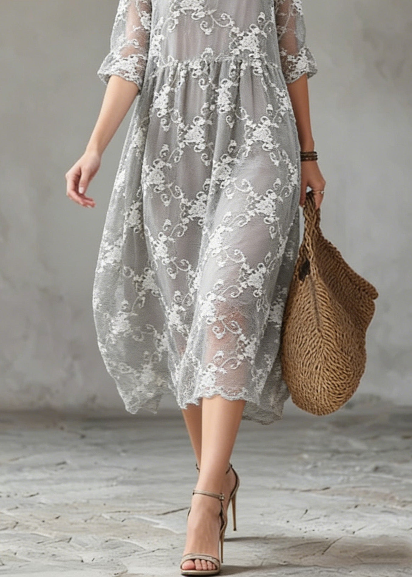 Embroidered Lace Overlay Three Quarter Sleeve Midi Dress - View 4