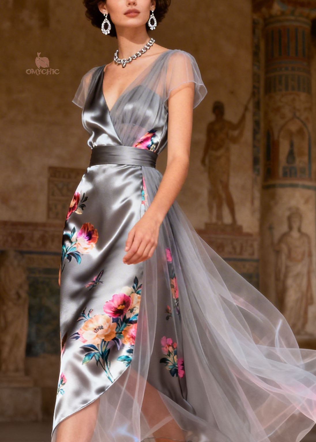 Satin Floral Print Cap Sleeve Asymmetrical Tulle Overlay Wrap Maxi Gown