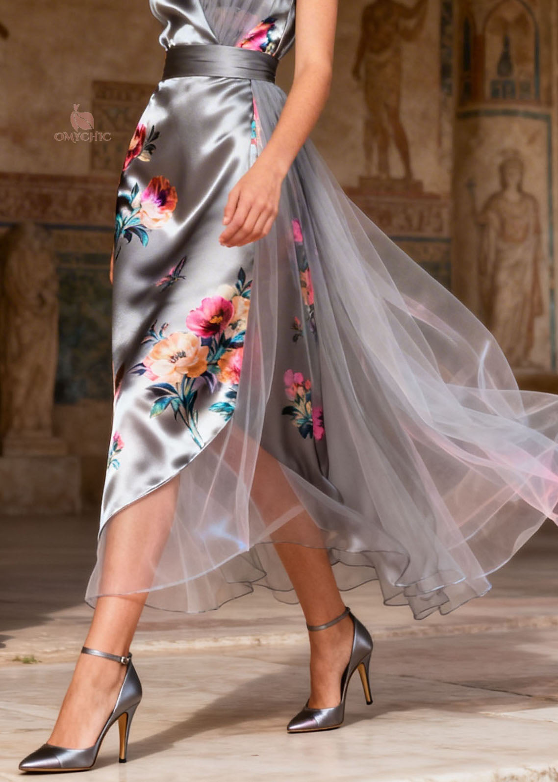 Satin Floral Print Cap Sleeve Asymmetrical Tulle Overlay Wrap Maxi Gown