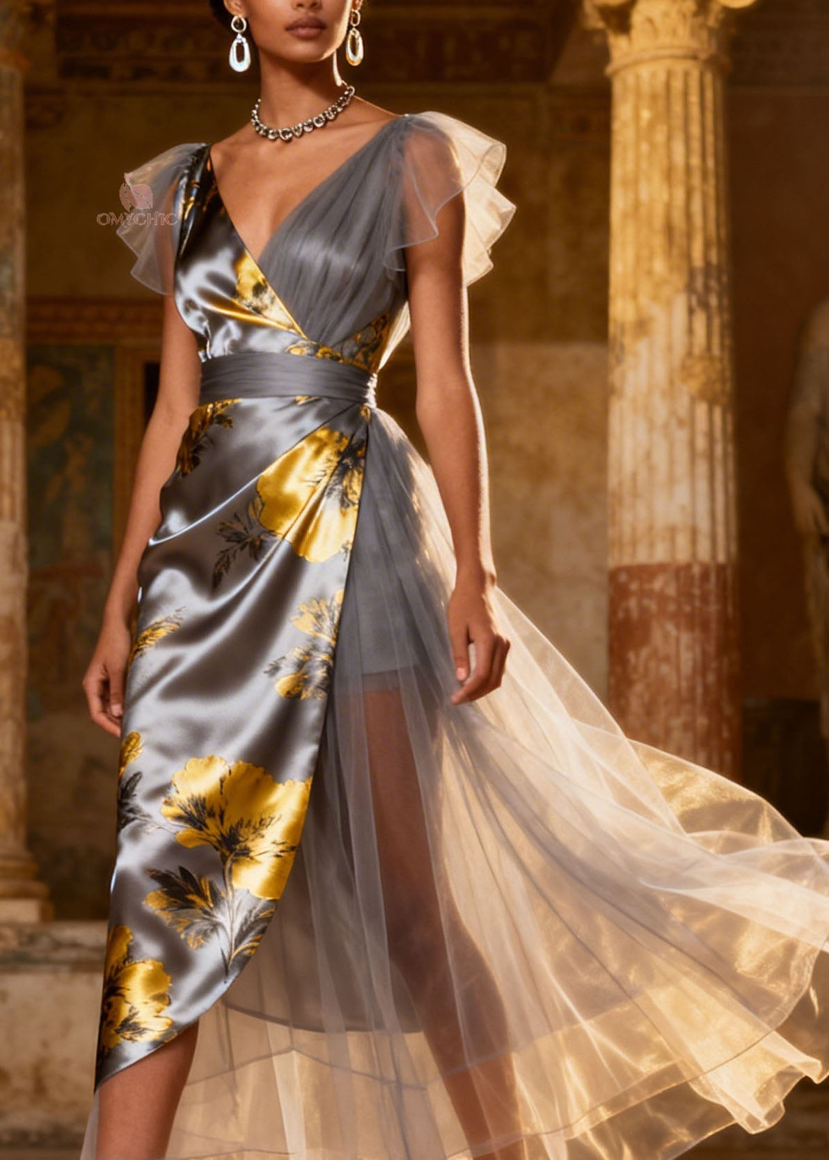 Floral Print Satin Tulle Panel Deep V-Neck Wrap Layered Tulle Midi Dress