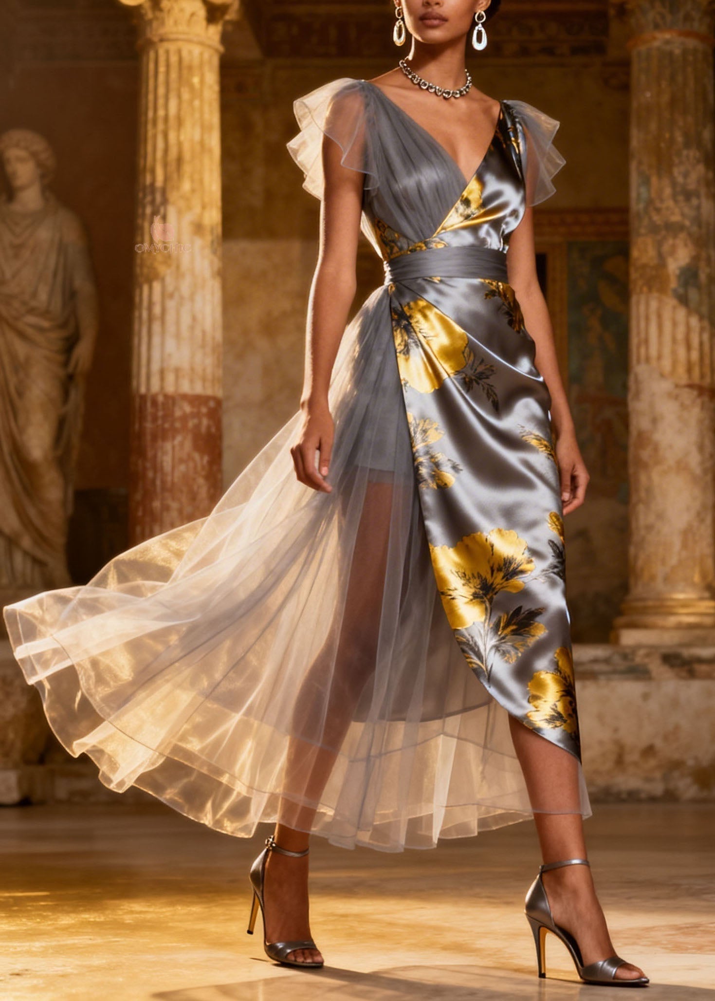 Floral Print Satin Tulle Panel Deep V-Neck Wrap Layered Tulle Midi Dress
