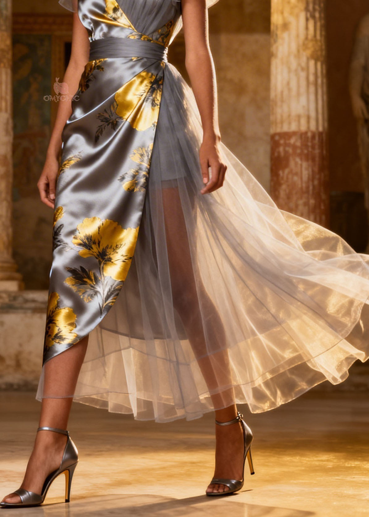 Floral Print Satin Tulle Panel Deep V-Neck Wrap Layered Tulle Midi Dress