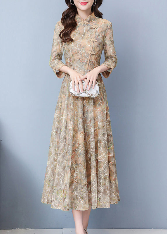 Mandarin Collar Frog Button Three Quarter Sleeve Embroidered Mesh Overlay Maxi Gown