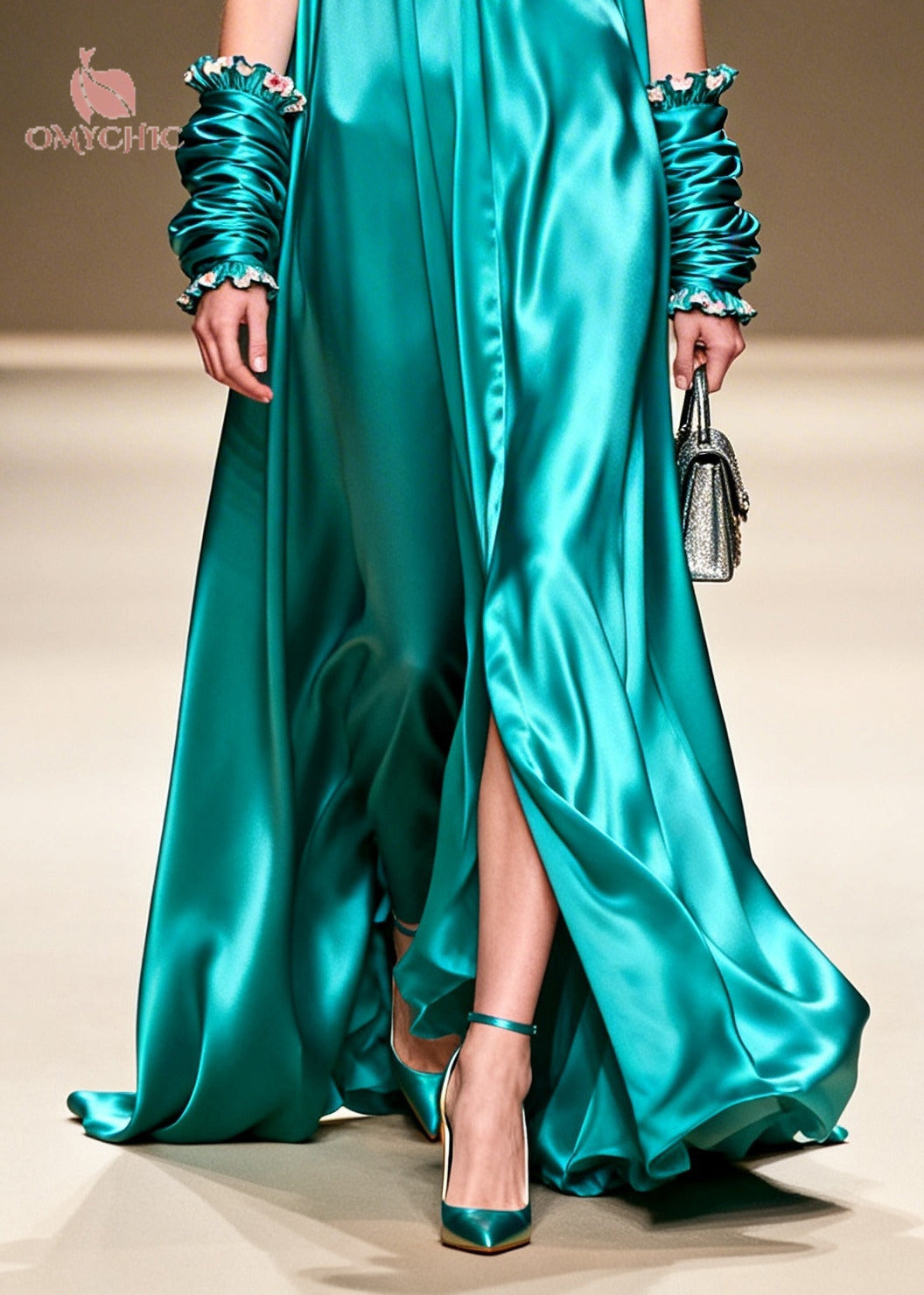 Satin Ruffle Floral Trim Deep V-Neck High Split Detachable Sleeve Maxi Gown