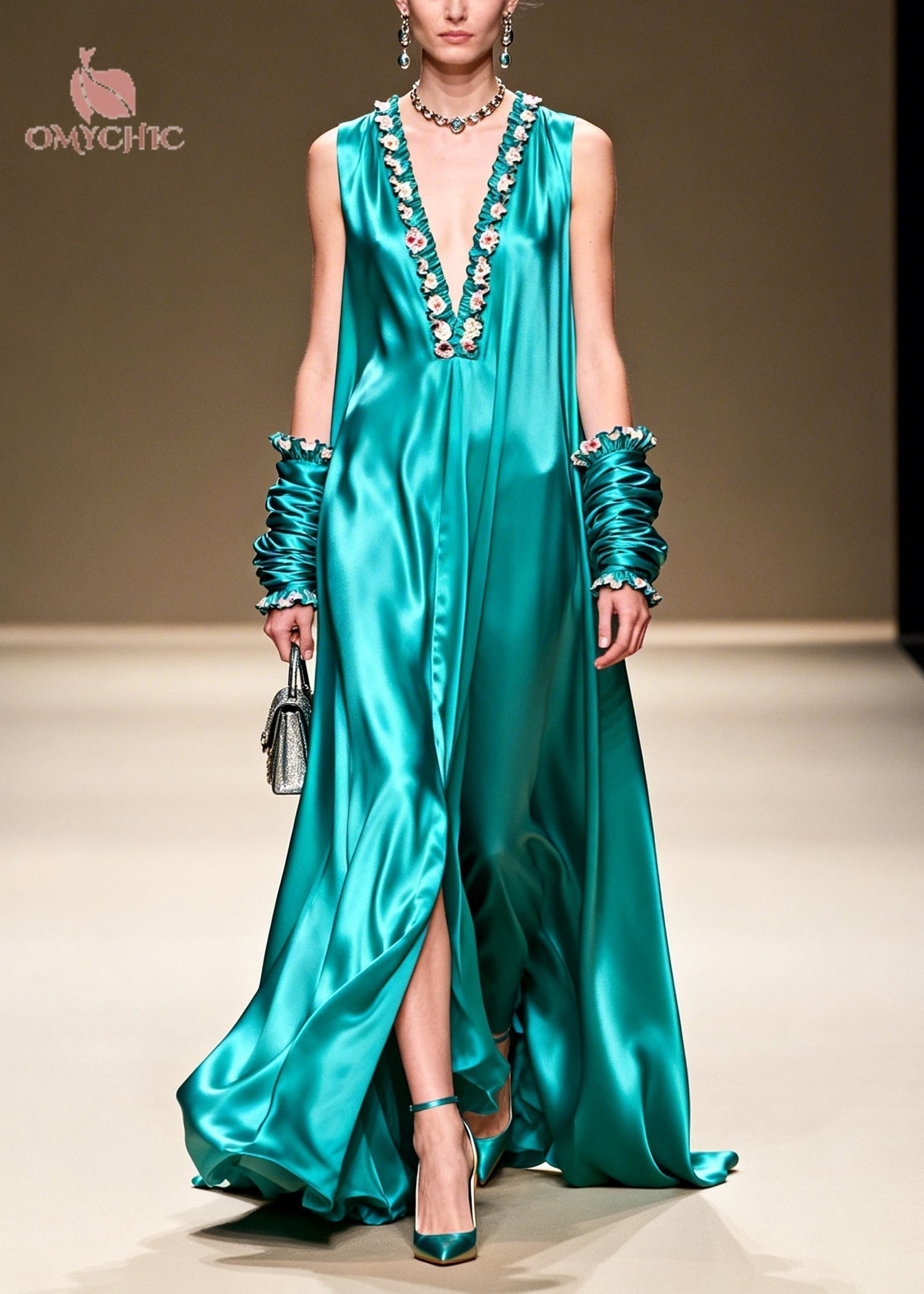 Satin Ruffle Floral Trim Deep V-Neck High Split Detachable Sleeve Maxi Gown