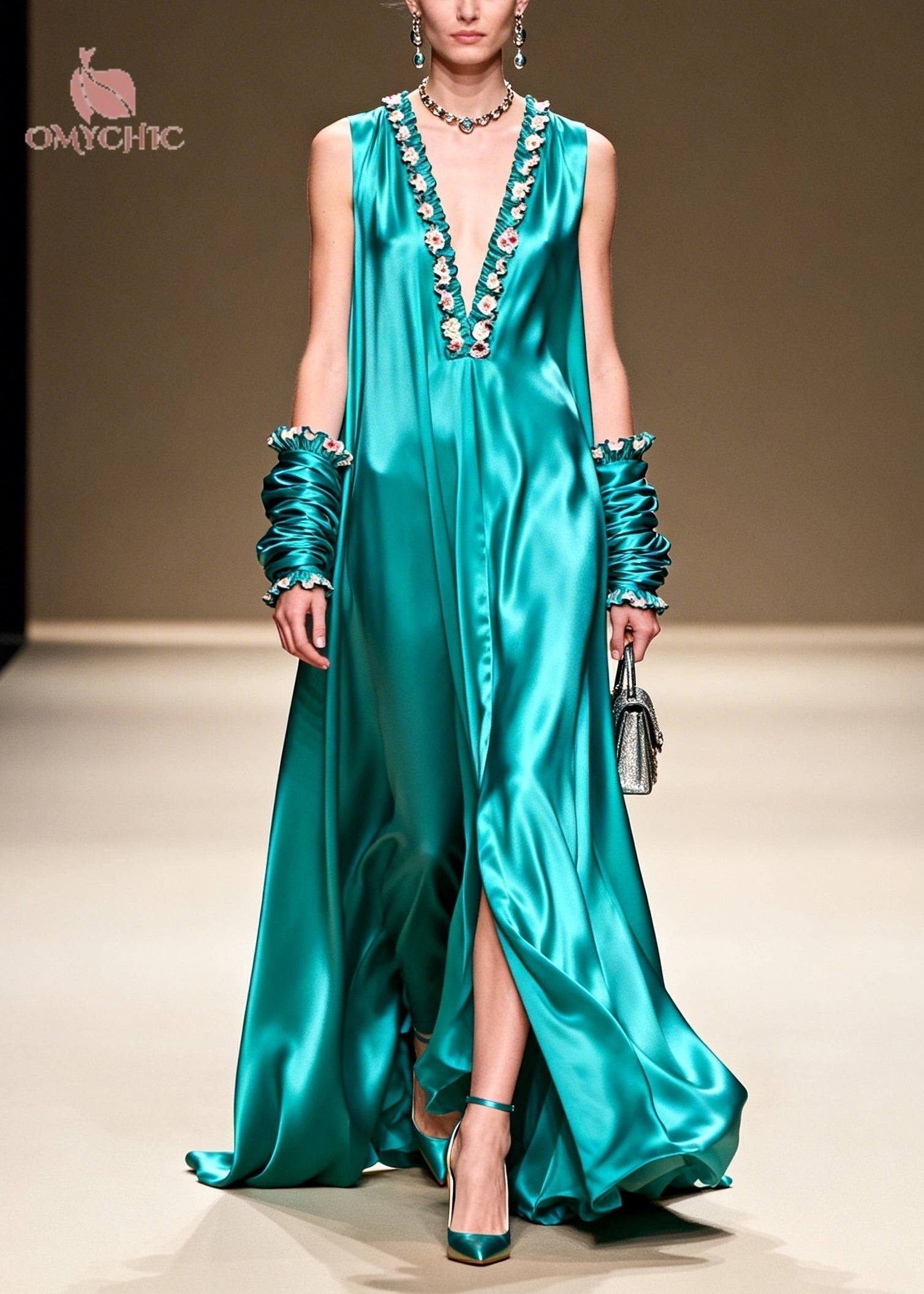 Satin Ruffle Floral Trim Deep V-Neck High Split Detachable Sleeve Maxi Gown