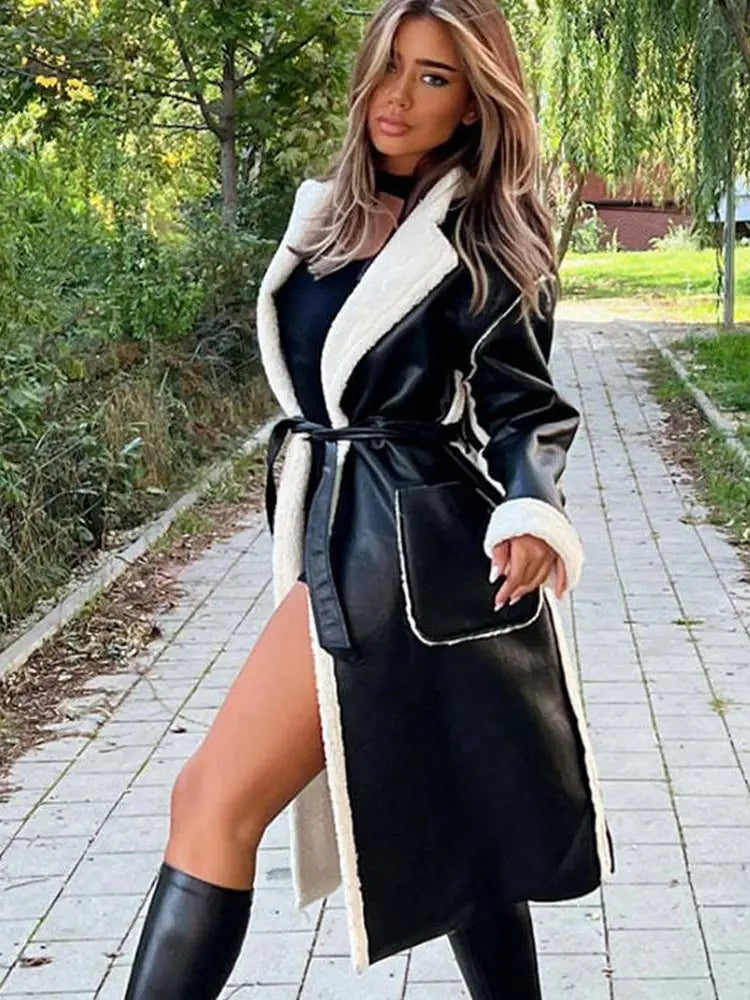 Faux Leather Shearling Trim Lapel Belted Longline Coat