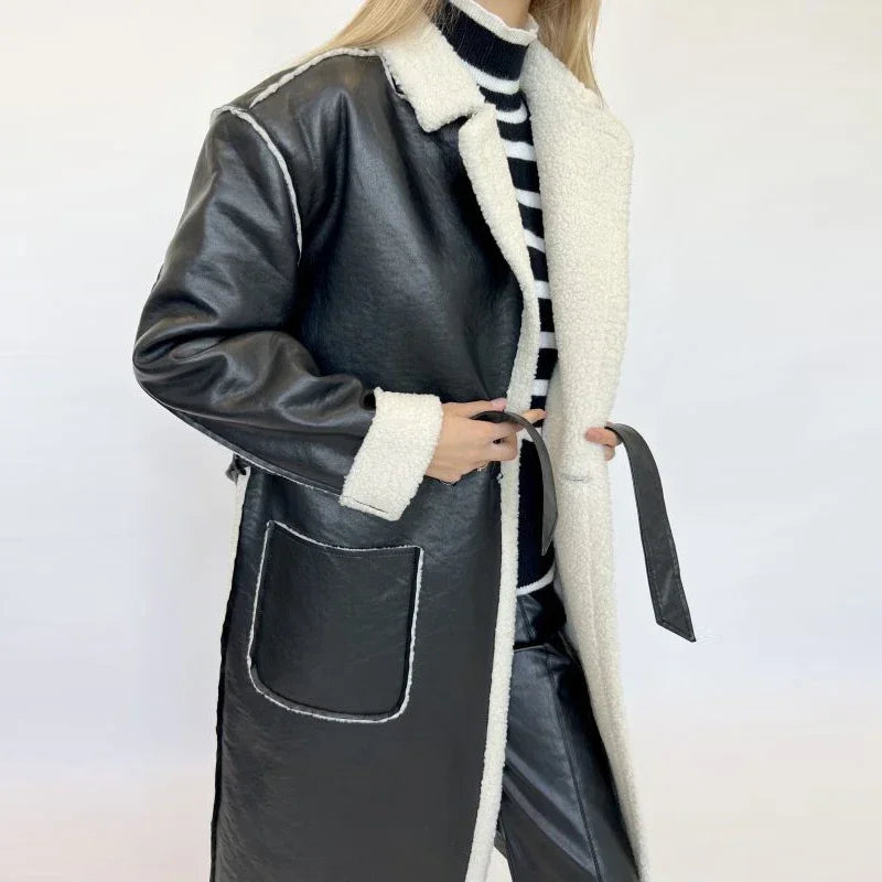 Faux Leather Shearling Trim Lapel Belted Longline Coat 6