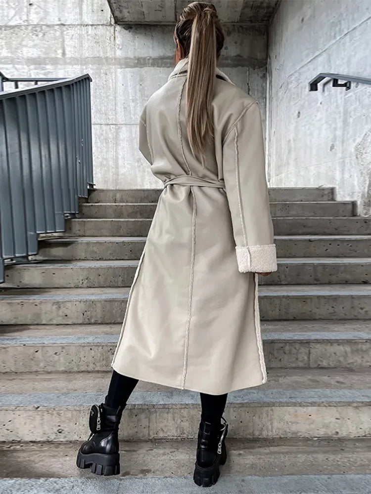 Faux Leather Shearling Trim Lapel Belted Longline Coat 5