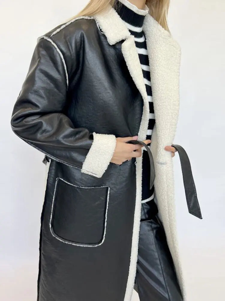 Faux Leather Shearling Trim Lapel Belted Longline Coat 3