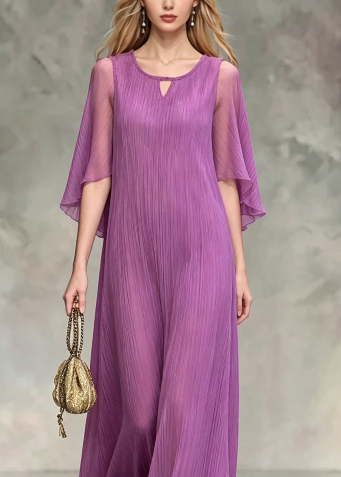 Plisse Keyhole Neck Flutter Sleeve Wide Leg Maxi Jumpsuit