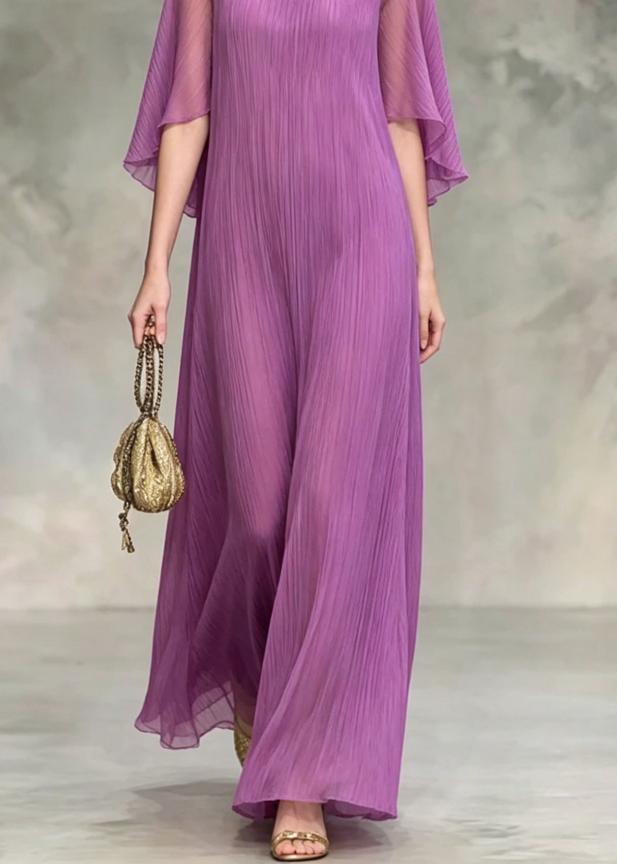 Plisse Keyhole Neck Flutter Sleeve Wide Leg Maxi Jumpsuit