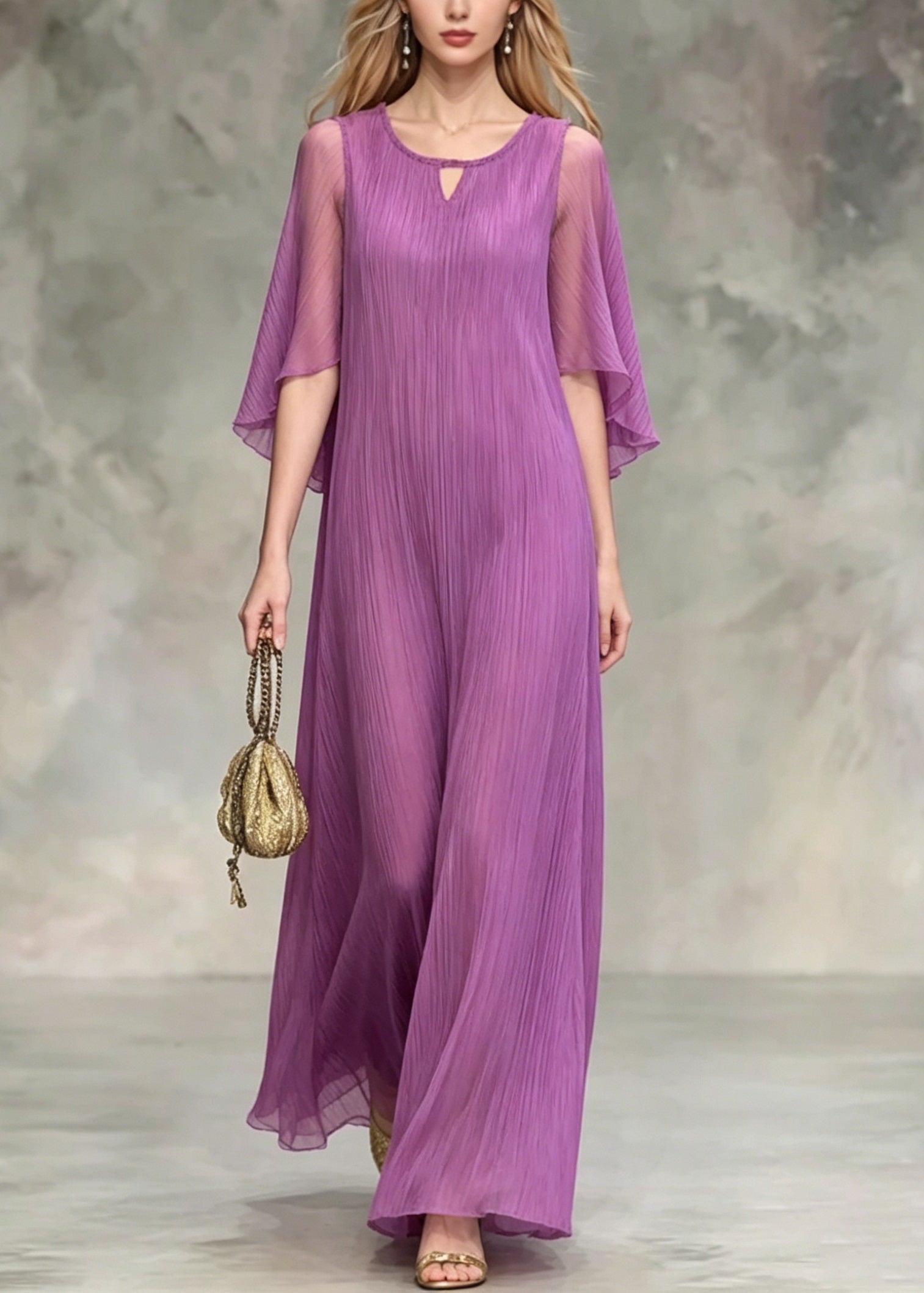 Plisse Keyhole Neck Flutter Sleeve Wide Leg Maxi Jumpsuit