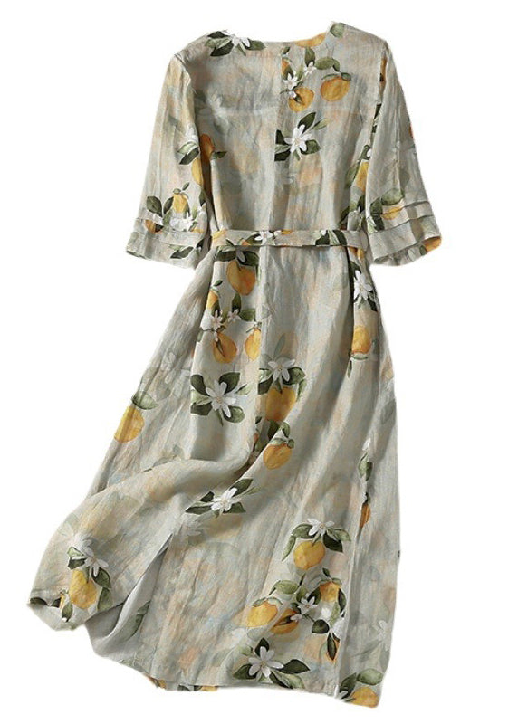 Citrus Floral Print V-Neck Ruffle Cuff Tie Waist A-Line Maxi Dress