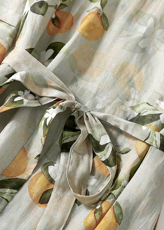 Citrus Floral Print V-Neck Ruffle Cuff Tie Waist A-Line Maxi Dress