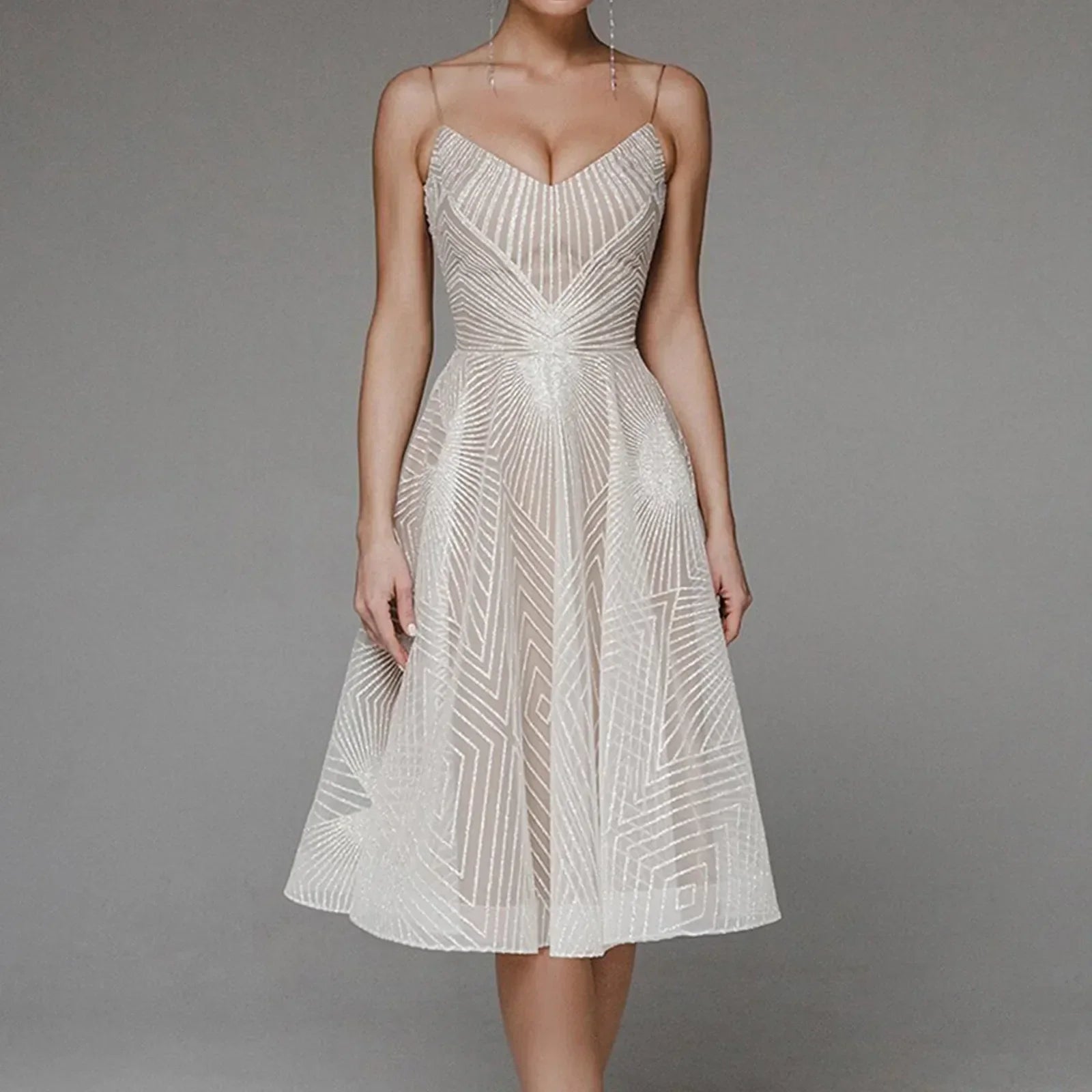 Glitter Spaghetti Strap V-Neck A-Line Midi Party Dress