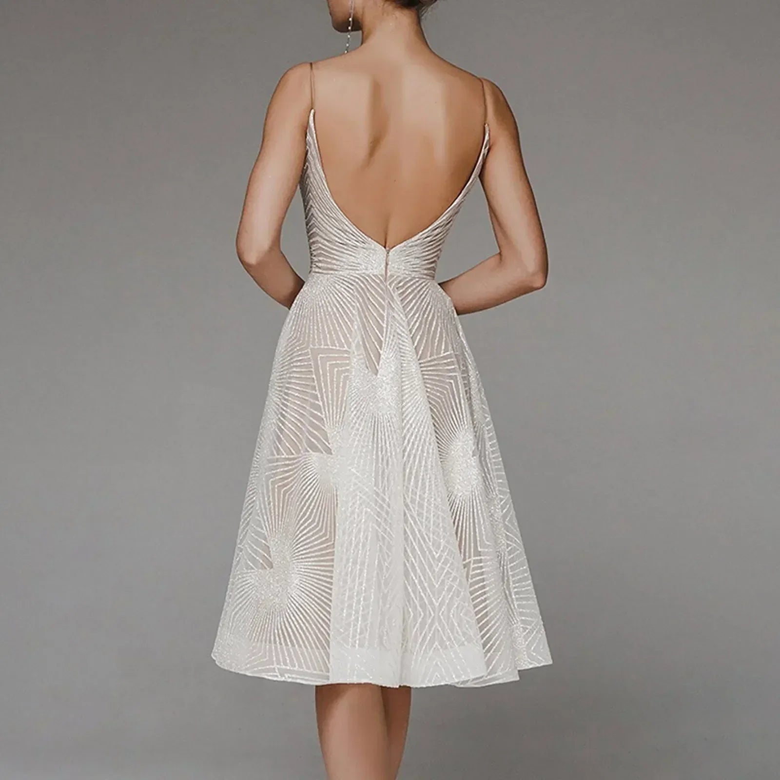 Glitter Spaghetti Strap V-Neck A-Line Midi Party Dress