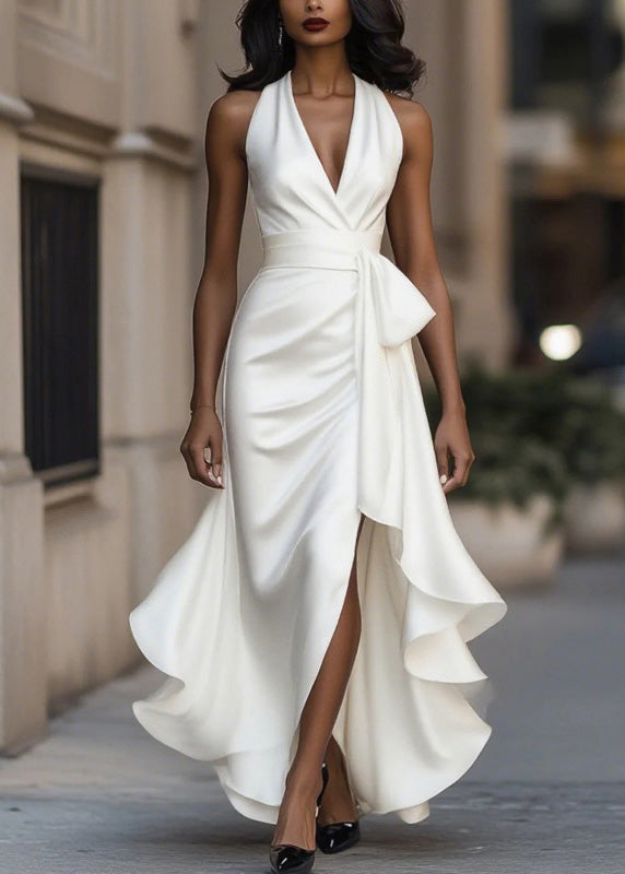 Halter Neck Deep V-Neck Bow Belt Wrap Ruffle High Low Gown