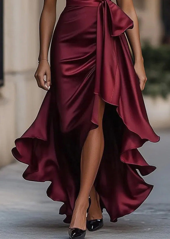 Halter Neck Deep V-Neck Bow Belt Wrap Ruffle High Low Gown