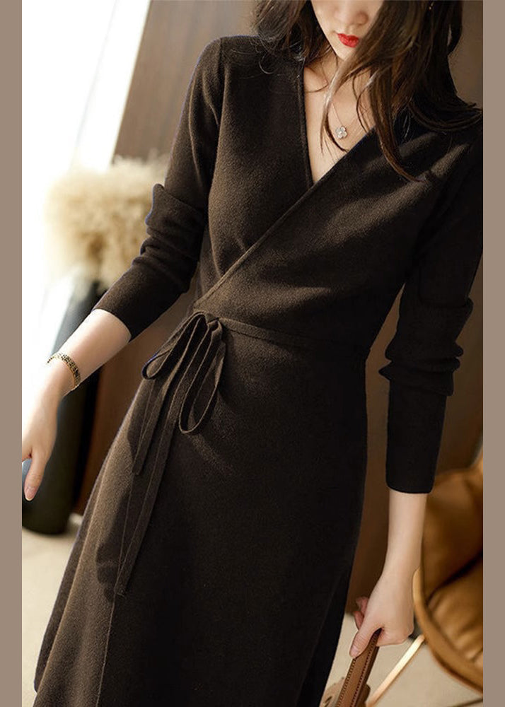 Knit Wrap Surplice V-Neck Long Sleeve Tie Waist Midi Dress