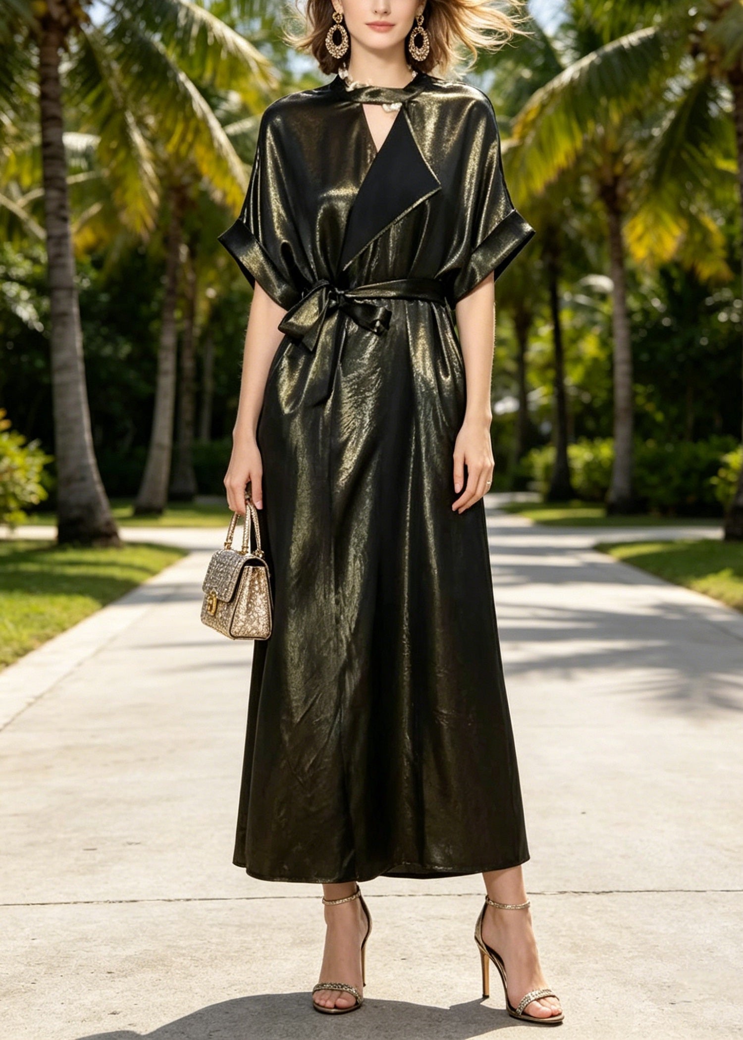 Metallic Crinkled Notched Lapel V-Neck Kimono Sleeve Tie Waist Maxi Dress