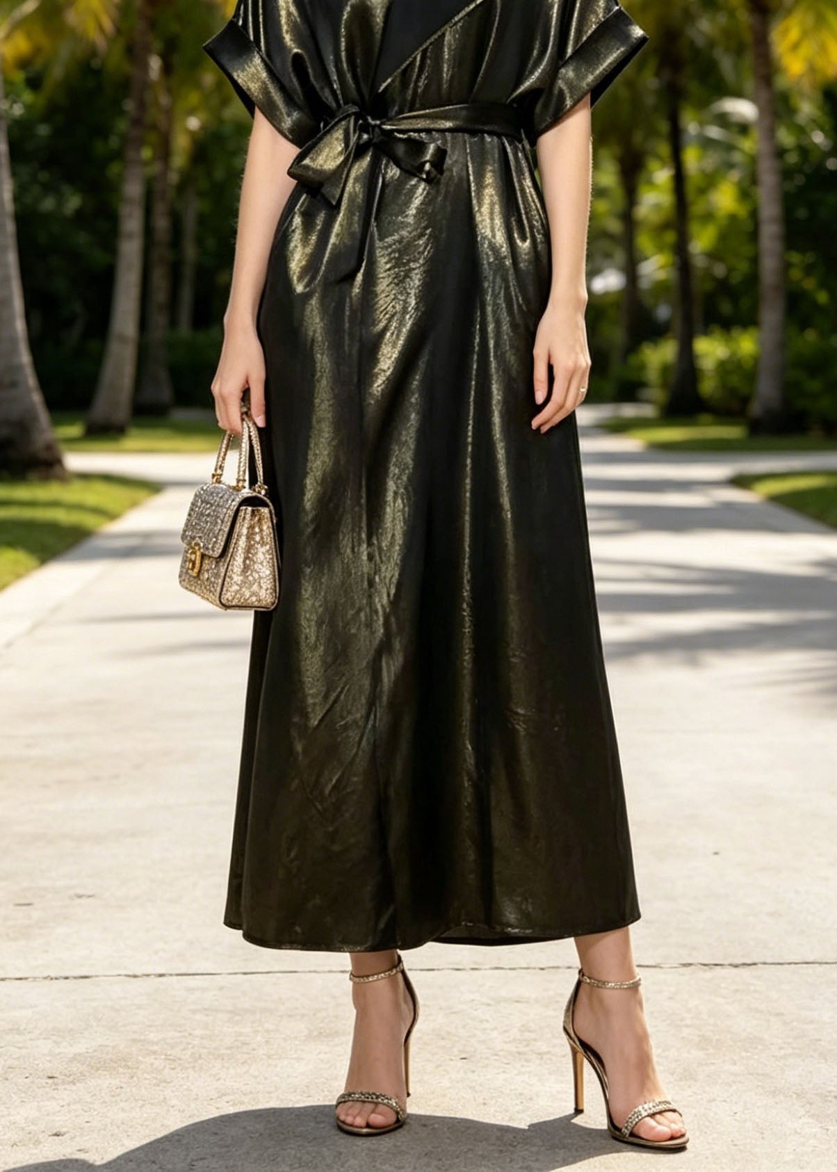 Metallic Crinkled Notched Lapel V-Neck Kimono Sleeve Tie Waist Maxi Dress