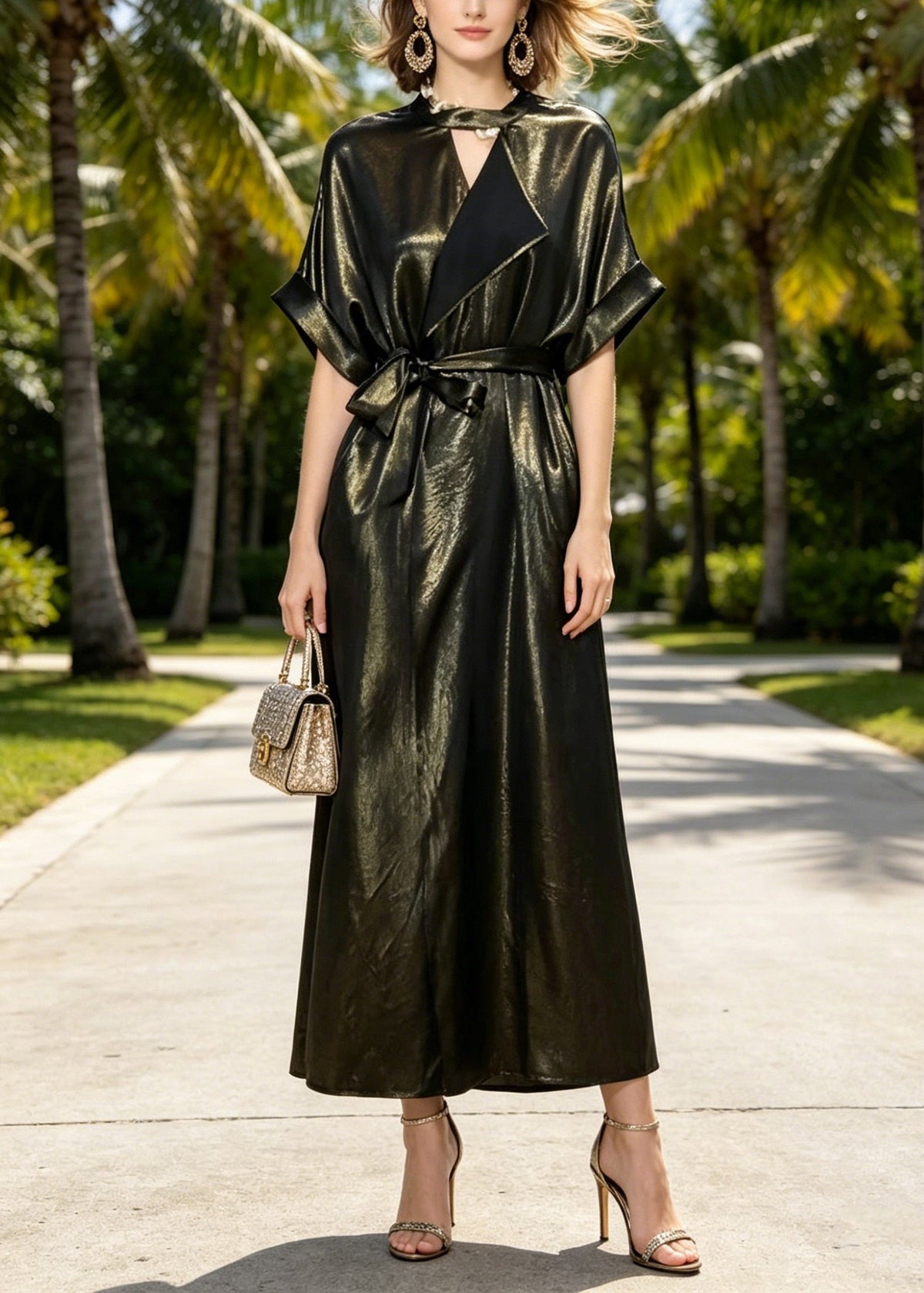 Metallic Crinkled Notched Lapel V-Neck Kimono Sleeve Tie Waist Maxi Dress - View 5