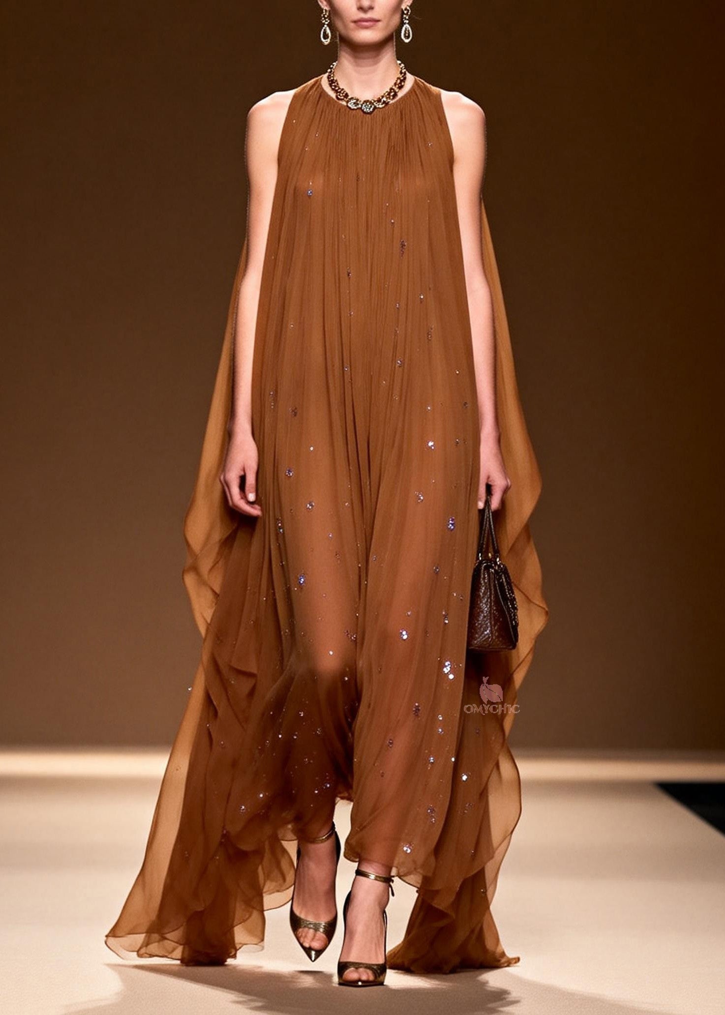 Sequin Pleated Halter Neck Sheer Cape Overlay Maxi Gown