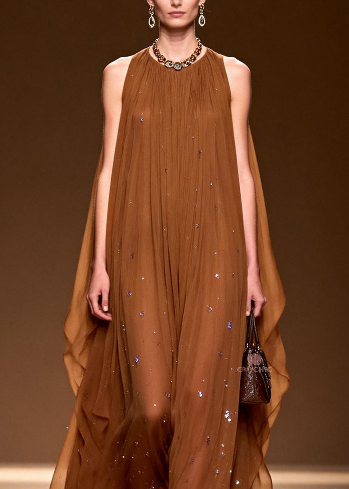 Sequin Pleated Halter Neck Sheer Cape Overlay Maxi Gown