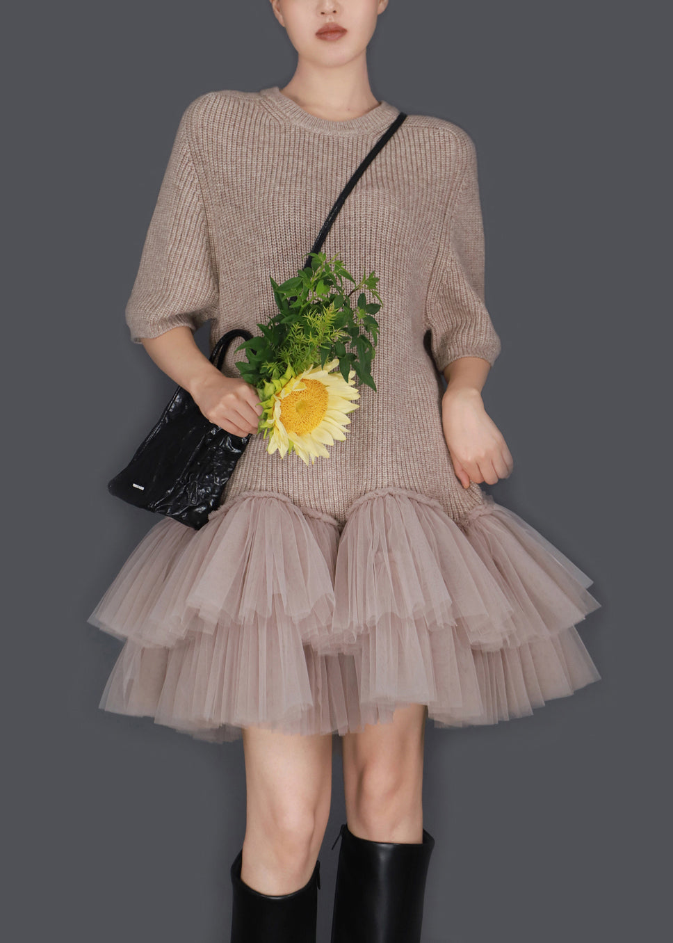 Knit Tulle Tiered Patchwork Crew Neck Balloon Skirt Mini Dress