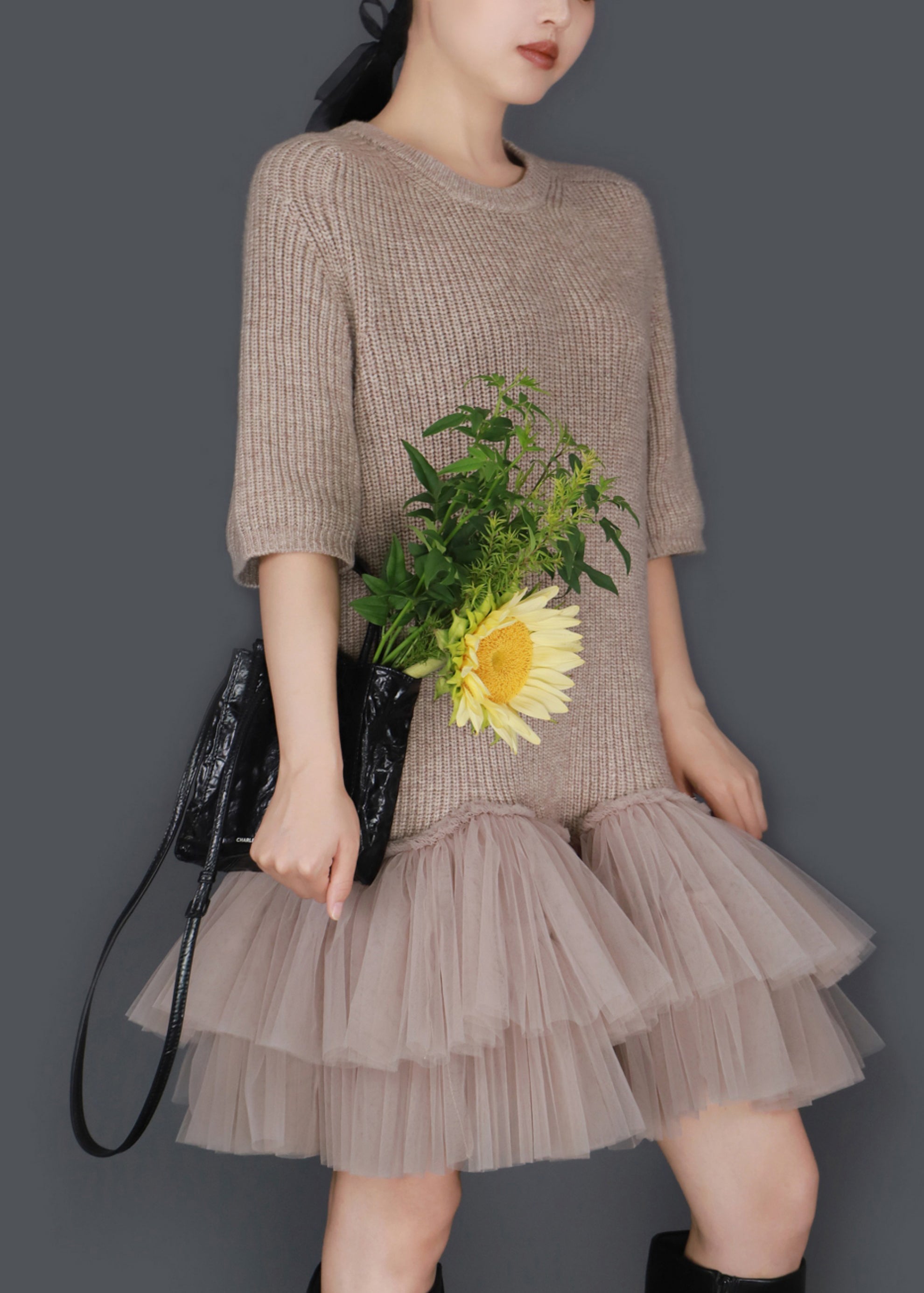 Knit Tulle Tiered Patchwork Crew Neck Balloon Skirt Mini Dress